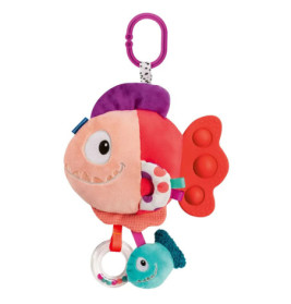 Weiches Plüsch-Fisch-Babyspielzeug mit Beißring, Rassel, Clip und bunten Farben sowie verschiedenen Texturen.