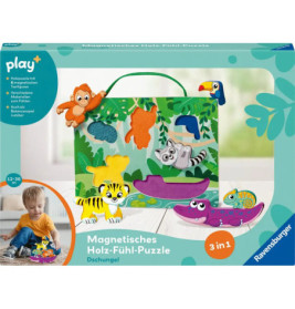 Ravensburger Dschungel-Magnetpuzzle aus Holz mit Tiermotiven, spielendes Kind unten links im Bild.