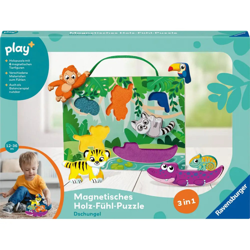 Ravensburger Dschungel-Magnetpuzzle aus Holz mit Tiermotiven, spielendes Kind unten links im Bild. Ravensburger Dschungel-Magnetpuzzle aus Holz mit Tiermotiven, spielendes Kind unten links im Bild.