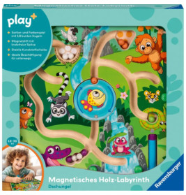 Buntes Dschungel-Labyrinth aus Holz mit Magnettieren und blauem Stift, geeignet für Kleinkinder.