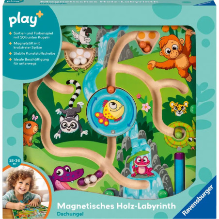 Buntes Dschungel-Labyrinth aus Holz mit Magnettieren und blauem Stift, geeignet für Kleinkinder.