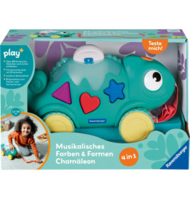 Spielzeug-Chamäleon mit bunten Formen in Schachtel, laut Text musikalisch, für Kinder von 12-36 Monaten.