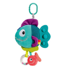 Weiches, türkisfarbenes Fisch-Babyspielzeug mit Clip, violetten Flossen, strukturiertem Schwanz und kleinem roten Fisch.