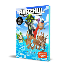 Comic-Heft mit Minecraft-Piratenkapitän auf einem Schiff, umgeben von Meer und einer Insel im Hintergrund.