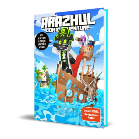 Comic-Heft mit Minecraft-Piratenkapitän auf einem Schiff, umgeben von Meer und einer Insel im Hintergrund.