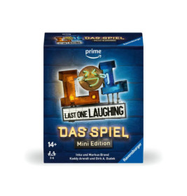 Blaue Box von LOL: Last One Laughing, Mini Edition, Brettspiel für 3-6 Spieler ab 14 Jahren.
