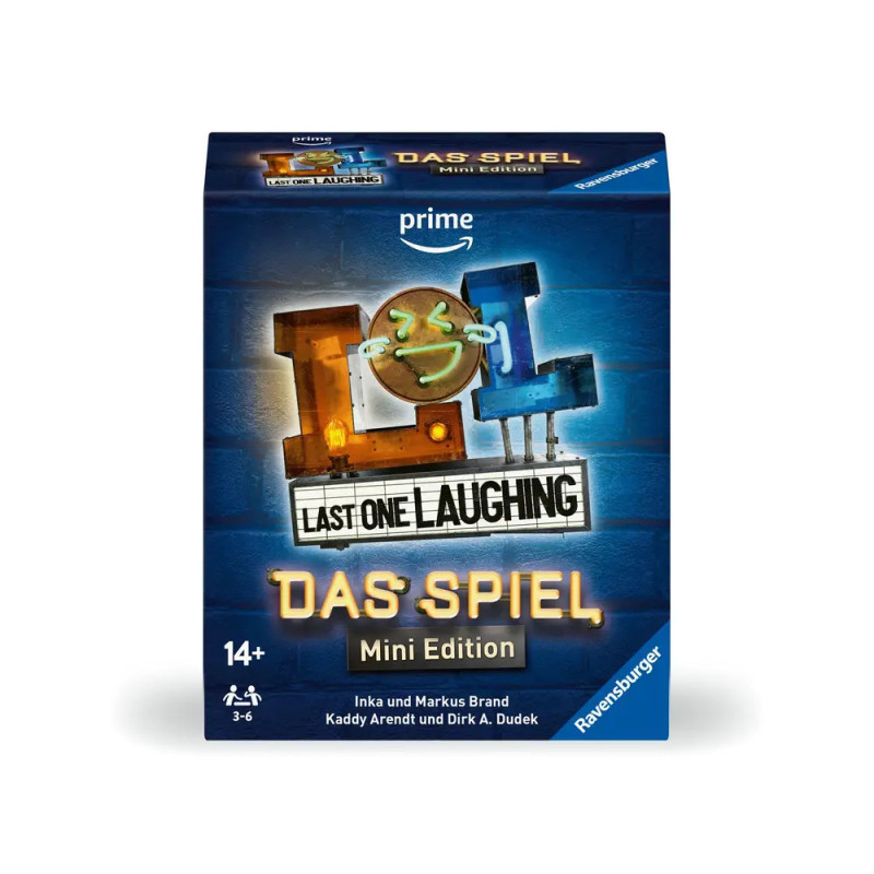 Blaue Box von LOL: Last One Laughing, Mini Edition, Brettspiel für 3-6 Spieler ab 14 Jahren.
