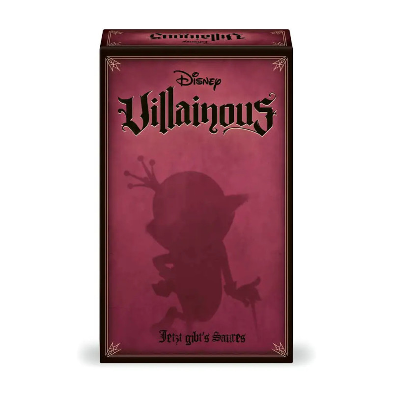 Disney Villainous Spielbox mit Schattenriss einer Figur und gotischer Schrift auf dunkelrotem Hintergrund.