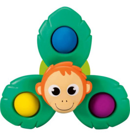 Bunter Fidget Spinner mit grünen Blättern, bunten Knöpfen und einem lächelnden Affengesicht in der Mitte.