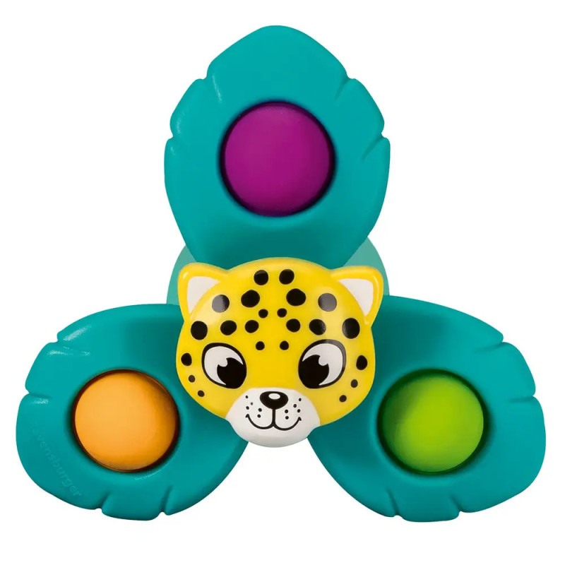 Bunter Baby-Fidget-Spinner mit drei türkisfarbenen Flügeln und einem lächelnden Leopardenkopf in der Mitte.