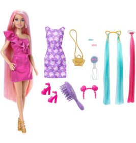 Barbie mit pinken Haaren, zusätzlichen Outfits, Schuhen, Accessoires, Bürste und bunten Haarsträhnen.