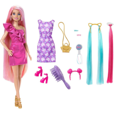 Barbie mit pinken Haaren, zusätzlichen Outfits, Schuhen, Accessoires, Bürste und bunten Haarsträhnen.