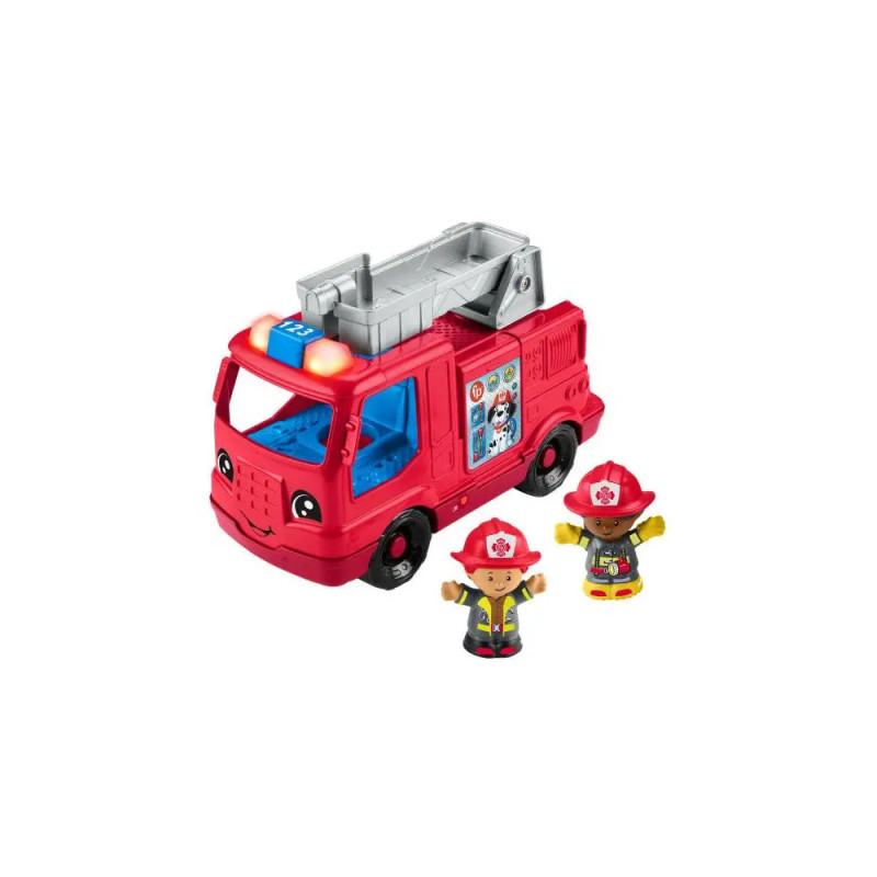 Rotes Spielzeug-Feuerwehrauto mit Leiter, lachendem Gesicht und zwei Feuerwehrfiguren mit roten Helmen.
