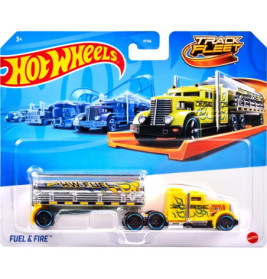 Hot Wheels Fuel & Fire: Gelber Truck mit Anhänger aus der Track Fleet Serie, originalverpackt.