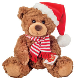 Brauner Teddybär mit roter Zipfelmütze und rot-weiß gestreiftem Schal, sitzt aufrecht.