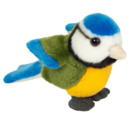 Stoffvogel mit blauem, grünem, gelbem und weißem Fell, schwarzen Augen und grauen Füßen.