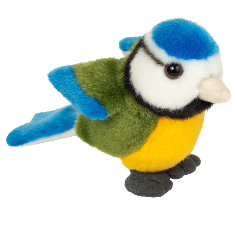 Stoffvogel mit blauem, grünem, gelbem und weißem Fell, schwarzen Augen und grauen Füßen.