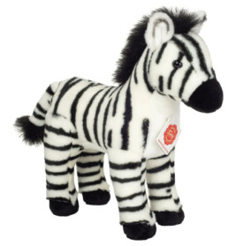 Plüsch-Zebra mit schwarzen Streifen, schwarzer Mähne und rotem Anhänger am Hals.