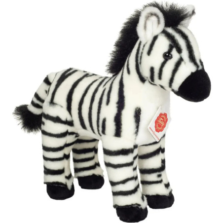 Plüsch-Zebra mit schwarzen Streifen, schwarzer Mähne und rotem Anhänger am Hals.