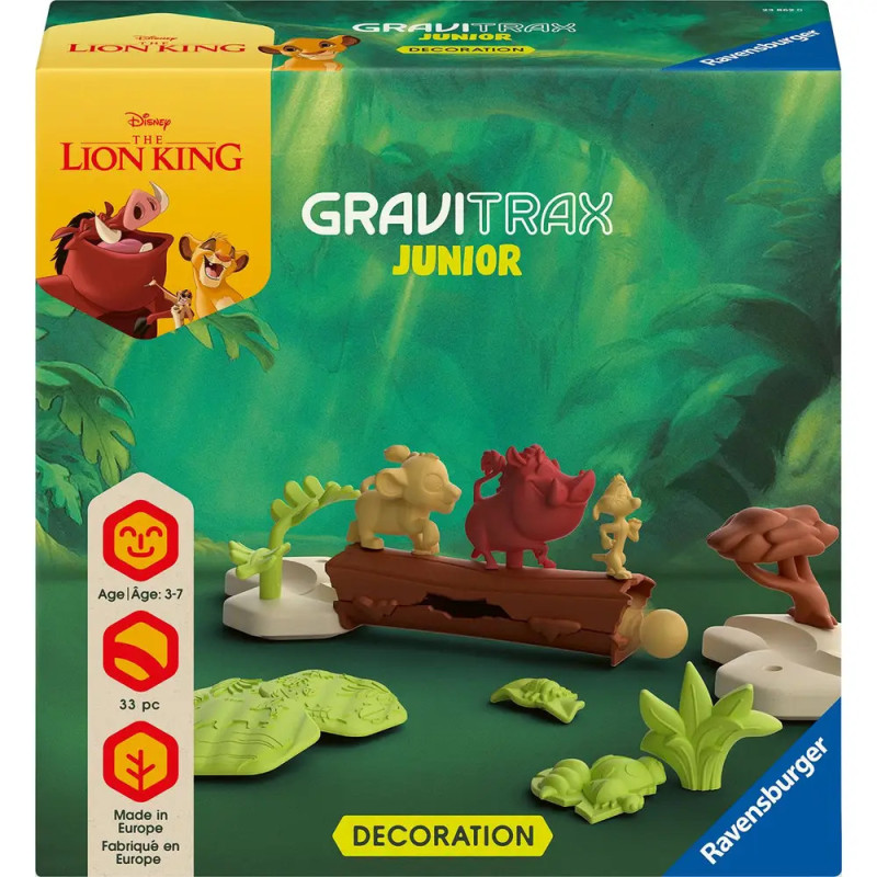 Gravitrax Junior Lion King Box mit Timon-, Pumbaa- und Simba-Figuren vor grüner Dschungelkulisse. Gravitrax Junior Lion King Box mit Timon-, Pumbaa- und Simba-Figuren vor grüner Dschungelkulisse.