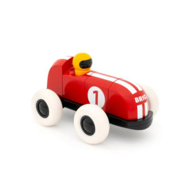 Rotes Spielzeugauto mit weißen Rädern, Nummer 1 an der Seite und gelbem Fahrer mit Helm.