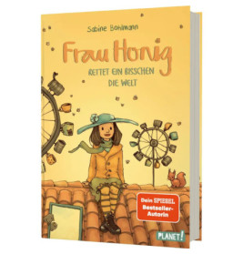 Buchcover von Frau Honig rettet ein bisschen die Welt: Eine Frau mit Hut sitzt auf einem Hausdach.