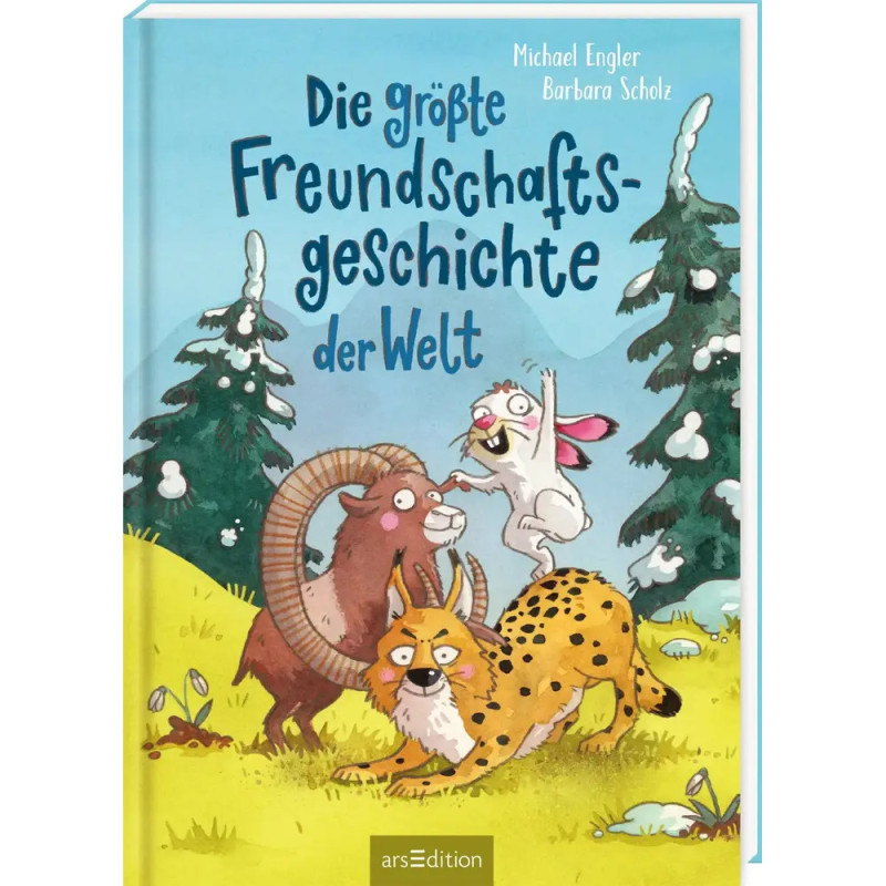 Buchcover mit Ziege, Hase und Gepard beim Spielen unter blauem Himmel deutscher Titel oben.