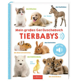 Buchcover mit Fotos von Jungtieren wie Welpe, Kätzchen, Entenküken, Häschen, Löwenbaby und weiteren Tieren.