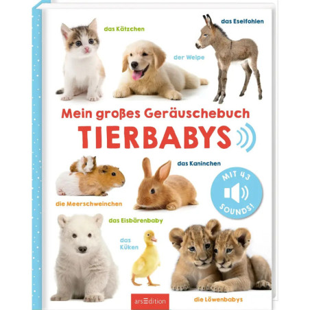 Buchcover mit Fotos von Jungtieren wie Welpe, Kätzchen, Entenküken, Häschen, Löwenbaby und weiteren Tieren.