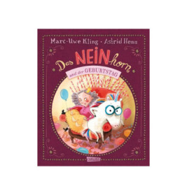 Mädchen und Einhorn mit Luftballons und Kuchen auf einem bunten deutschen Kinderbuchcover.