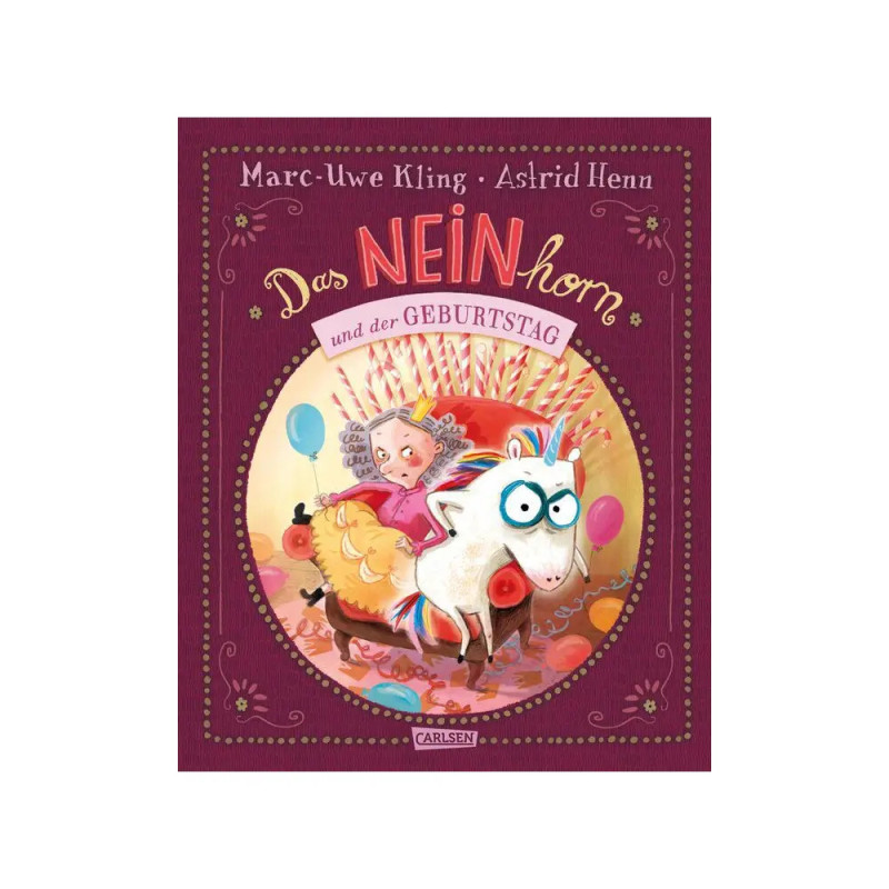Mädchen und Einhorn mit Luftballons und Kuchen auf einem bunten deutschen Kinderbuchcover.