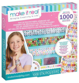 Make It Real Perlen-Set mit lächelndem Mädchen und bunten Alphabet-Perlen, als 1000-teilig beworben.
