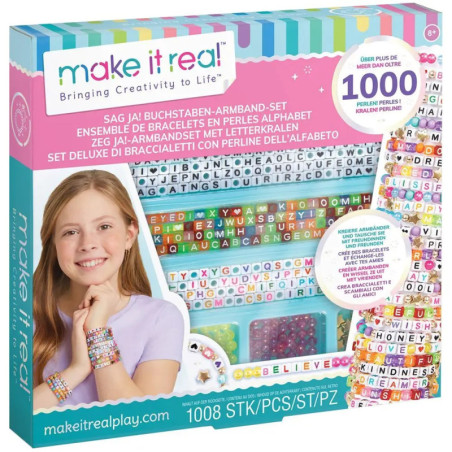 Make It Real Perlen-Set mit lächelndem Mädchen und bunten Alphabet-Perlen, als 1000-teilig beworben.