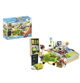 Playmobil Supermarkt-Spielset mit Kasse, Figuren, Einkaufswagen, Lebensmitteln und Verpackung.