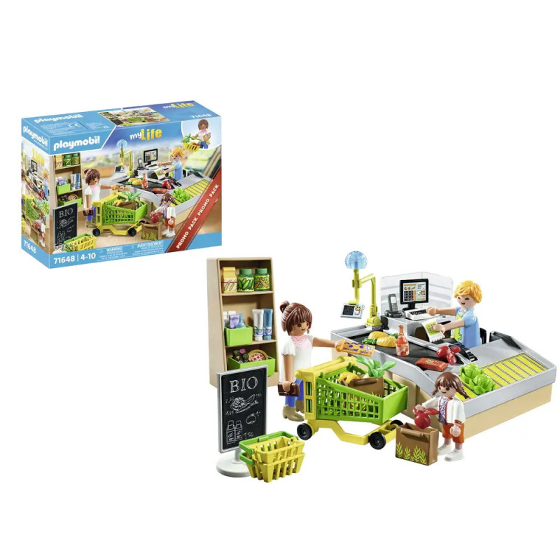 Playmobil Supermarkt-Spielset mit Kasse, Figuren, Einkaufswagen, Lebensmitteln und Verpackung.