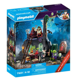 Playmobil Spielset-Box mit Vampir-Motiv: Spuk-Schloss, Vampir, Skelett und Halloween-Dekorationen.