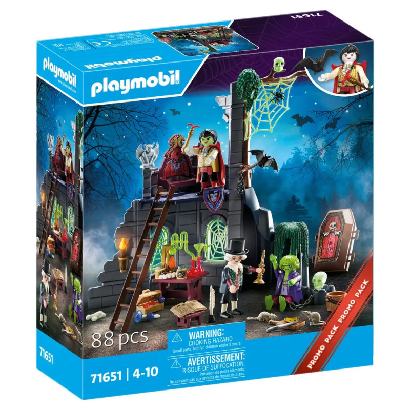 Playmobil Spielset-Box mit Vampir-Motiv: Spuk-Schloss, Vampir, Skelett und Halloween-Dekorationen.
