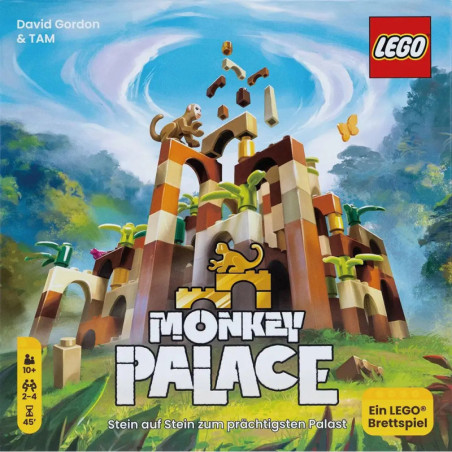 Lego Monkey Palace Brettspiel mit Dschungelpalast aus Lego-Steinen und einem Affen im Logo.