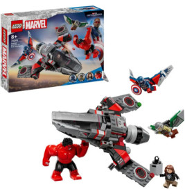 LEGO Marvel Set mit Jet, Captain America, Hulk und zwei fliegenden Minifiguren, Verpackung im Hintergrund.