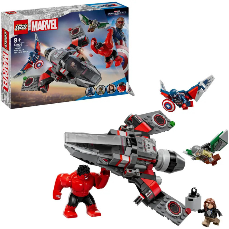 LEGO Marvel Set mit Jet, Captain America, Hulk und zwei fliegenden Minifiguren, Verpackung im Hintergrund. LEGO Marvel Set mit Jet, Captain America, Hulk und zwei fliegenden Minifiguren, Verpackung im Hintergrund.