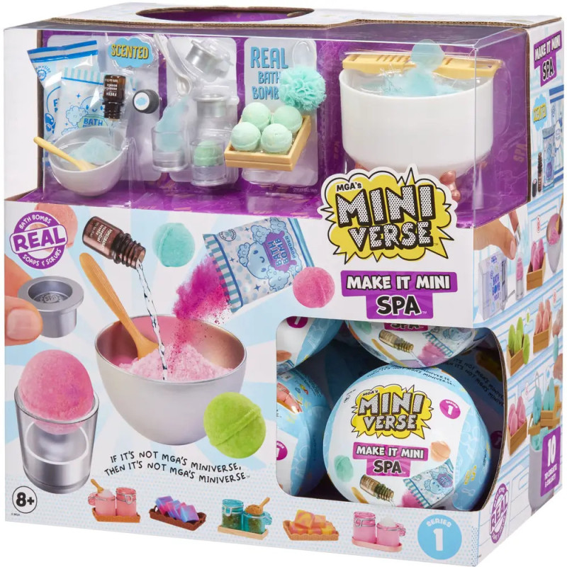 Box des MGA Miniverse Make It Mini Spa Sets mit sichtbaren Mini-Badebomben, Spa-Artikeln und Zubehör. Box des MGA Miniverse Make It Mini Spa Sets mit sichtbaren Mini-Badebomben, Spa-Artikeln und Zubehör.