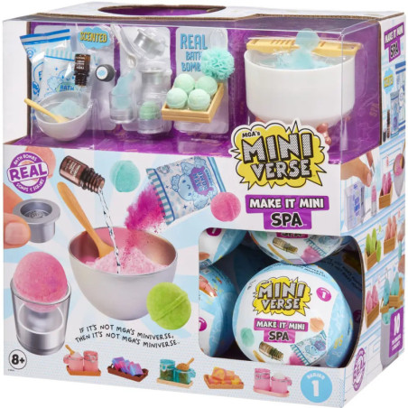 Box des MGA Miniverse Make It Mini Spa Sets mit sichtbaren Mini-Badebomben, Spa-Artikeln und Zubehör.