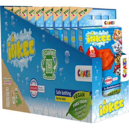 Inkee vegane Badebomben für Kinder in Displaybox mit Tiergesichtern und umweltfreundlichen Labels.
