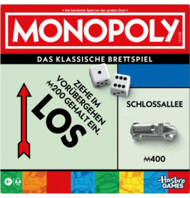 Deutsches Monopoly-Spielcover mit Würfeln, Auto-Spielfigur und Schlossallee-Karte.