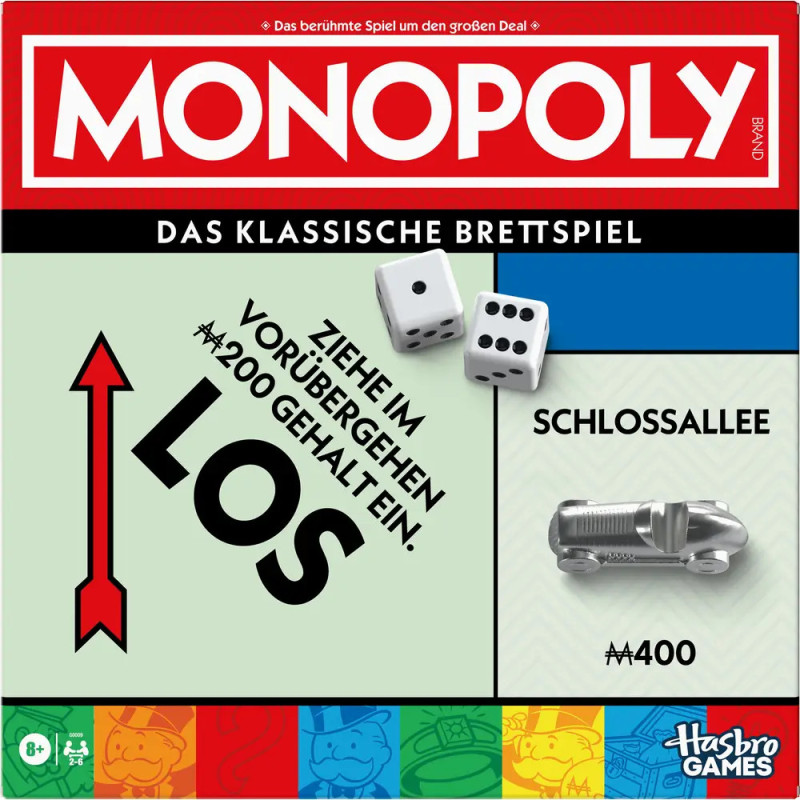 Deutsches Monopoly-Spielcover mit Würfeln, Auto-Spielfigur und Schlossallee-Karte. Deutsches Monopoly-Spielcover mit Würfeln, Auto-Spielfigur und Schlossallee-Karte.