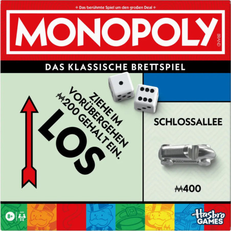 Deutsches Monopoly-Spielcover mit Würfeln, Auto-Spielfigur und Schlossallee-Karte.