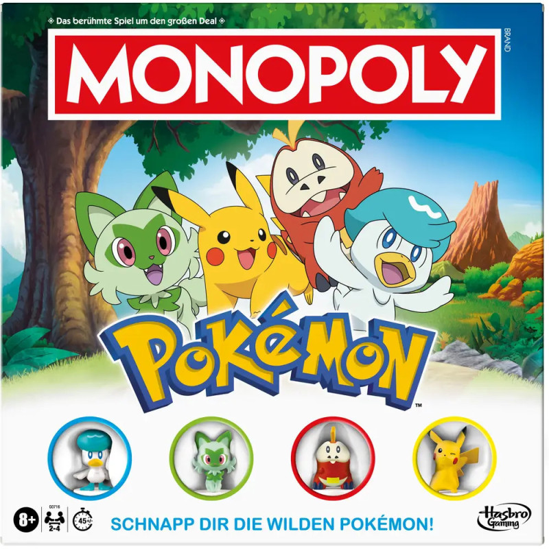 Monopoly Pokémon-Edition: Auf dem Cover sind Sprigatito, Fuecoco, Quaxly und Pikachu abgebildet. Monopoly Pokémon-Edition: Auf dem Cover sind Sprigatito, Fuecoco, Quaxly und Pikachu abgebildet.