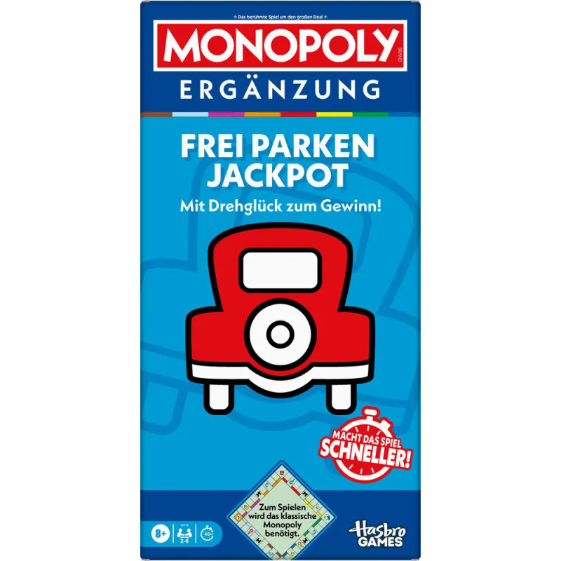 Monopoly Ergänzung: Spielbox mit rotem Auto-Symbol und deutschem Text zum Frei Parken Jackpot.
