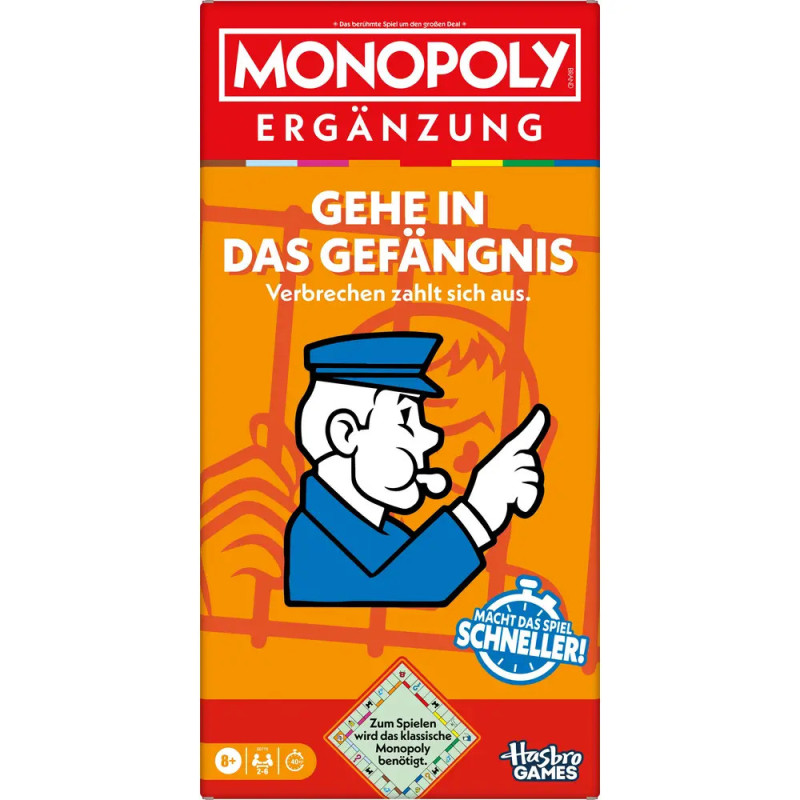 Monopoly Ergänzung: Box mit Cartoon-Polizist und dem deutschen Text Gehe in das Gefängnis.