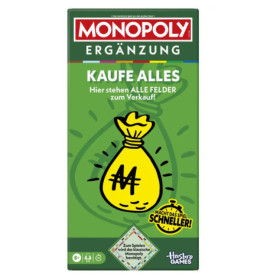 Grüne Monopoly Ergänzung mit gelbem Geldsack und deutschem Text, der ein schnelleres Spiel bewirbt.